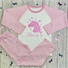Load image into Gallery viewer, Personalised Birthday Unicorn Pink And White Girls Stripe Pyjamas Age 1-10 years
