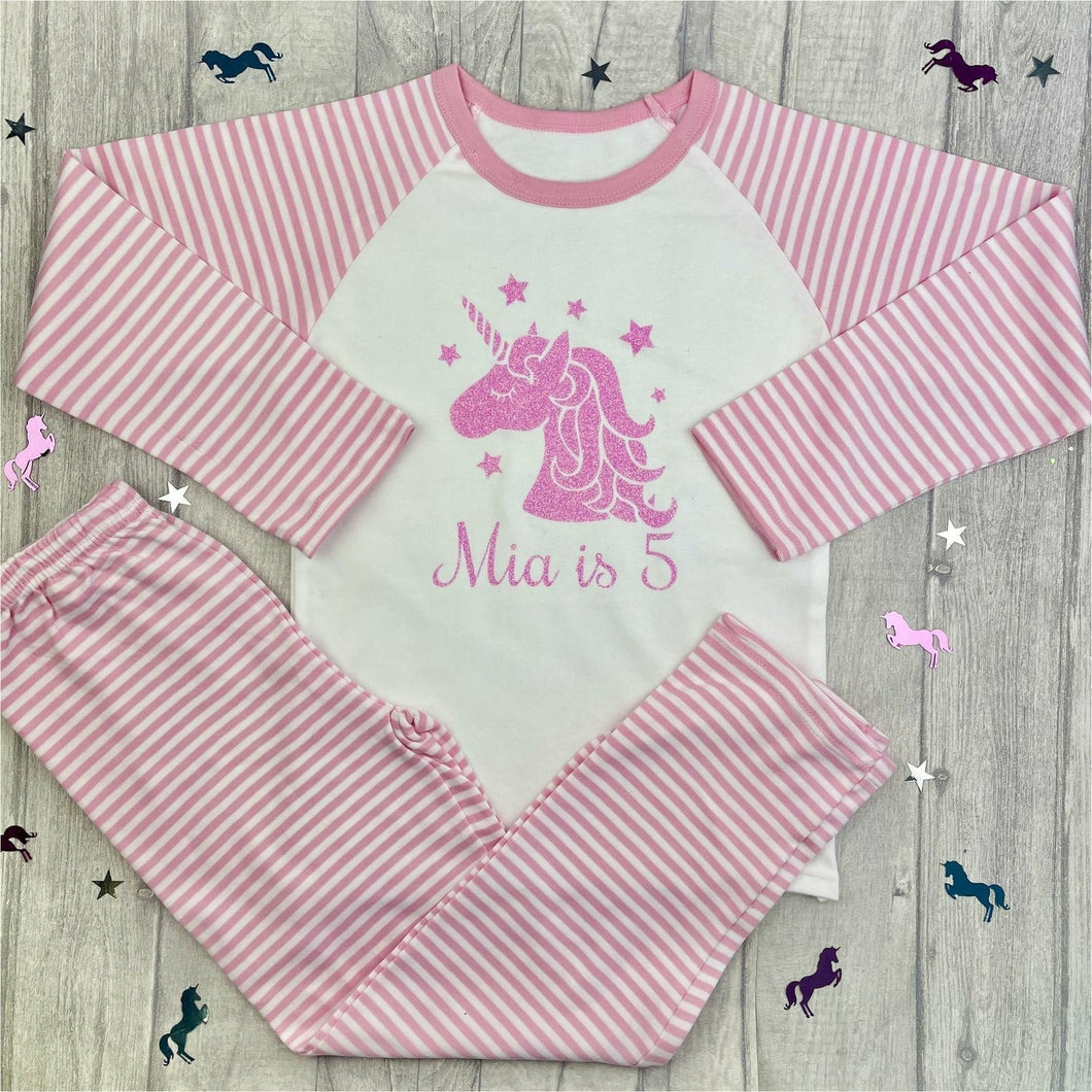 Personalised Birthday Unicorn Pink And White Girls Stripe Pyjamas Age 1-10 years