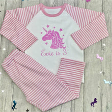 Load image into Gallery viewer, Personalised Birthday Unicorn Pink And White Girls Stripe Pyjamas Age 1-10 years
