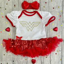 Load image into Gallery viewer, Wonder Woman Baby Girl Tutu Romper with Matching Bow Headband, Superhero Logo Gold Glitter Design

