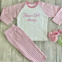 Load image into Gallery viewer, Personalised &#39;Flower Girl&#39; Wedding Pink and White Girls Pyjamas
