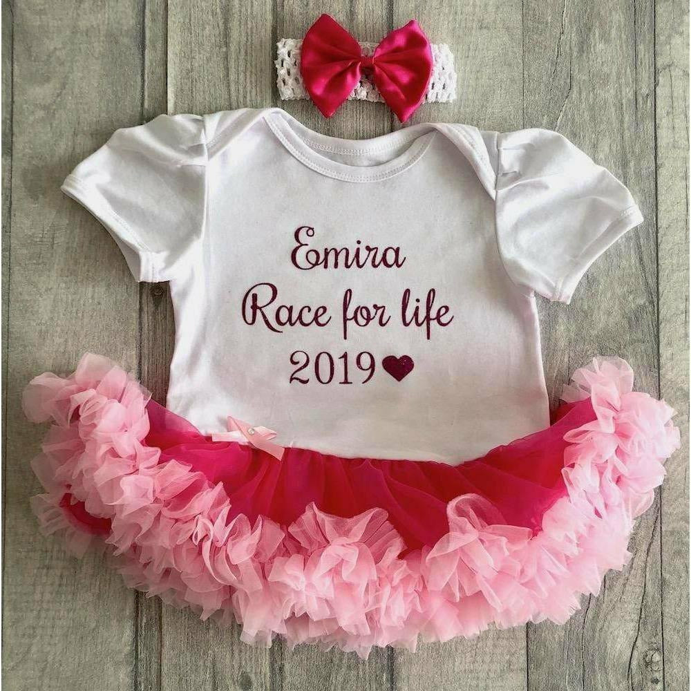 'Race For Life' Personalised Baby Girl Pink And White Tutu Romper With Matching Bow Headband