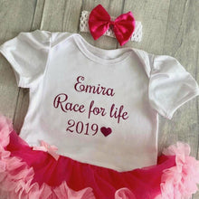 Load image into Gallery viewer, &#39;Race For Life&#39; Personalised Baby Girl Pink And White Tutu Romper With Matching Bow Headband
