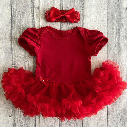 Plain Red Baby Girl Tutu Romper With Matching Bow Headband