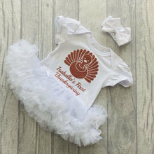 Load image into Gallery viewer, Personalised Baby Girl First Thanksgiving Tutu Romper with Matching Bow Headband Turkey Design
