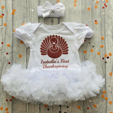 Load image into Gallery viewer, Personalised Baby Girl First Thanksgiving Tutu Romper with Matching Bow Headband Turkey Design
