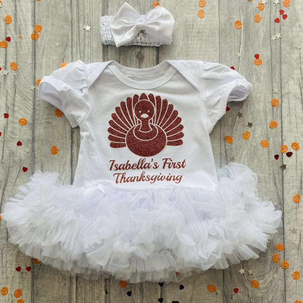 Personalised Baby Girl First Thanksgiving Tutu Romper with Matching Bow Headband Turkey Design