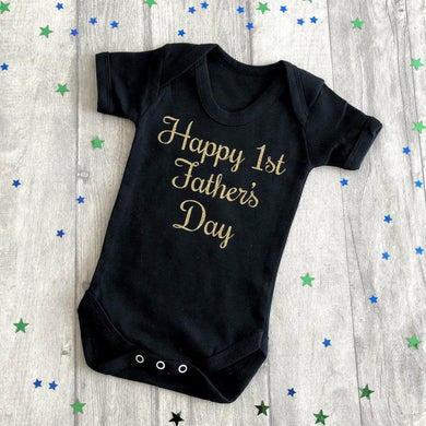 Happy 1st Father's day Short Sleeve black Romper with Gold Text
