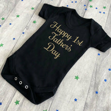 Load image into Gallery viewer, Happy 1st Father&#39;s Day Short Sleeve Black Romper Gold Text
