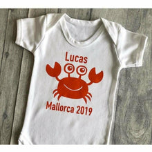 Load image into Gallery viewer, Baby boy personalised crab holiday short sleeve romper
