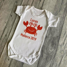 Load image into Gallery viewer, Baby boy personalised crab holiday short sleeve romper

