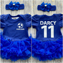 Load image into Gallery viewer, Personalised England Football Tutu Romper, Blue tutu featuring England football on the front and Name and number on the back both in white, Including a matching Blue headband
