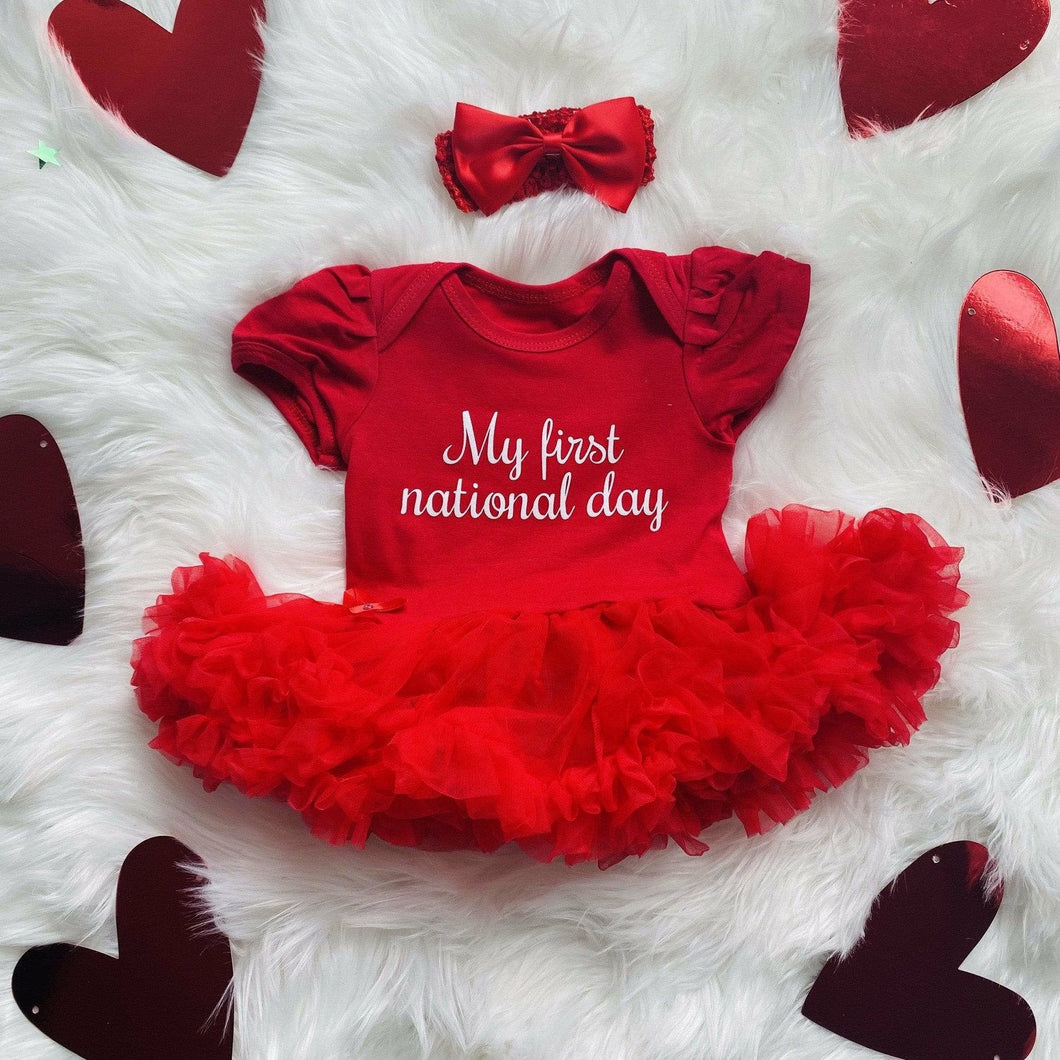 'My First National Day' Baby Girl Tutu Romper With Matching Bow Headband