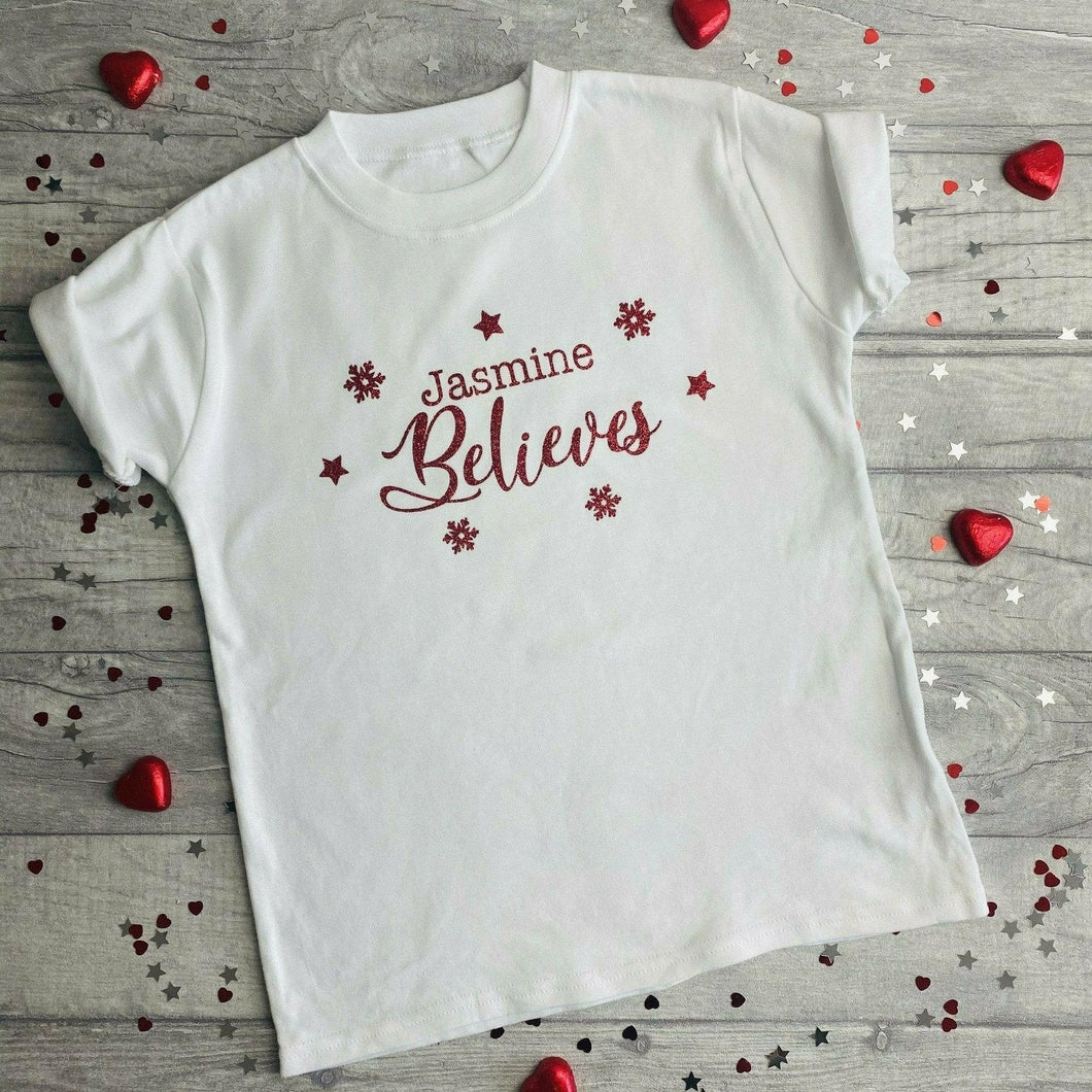Personalised I Believe Children's White Christmas T-shirt