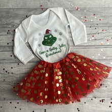 Load image into Gallery viewer, Christmas Outfit Grinch Design, Long Sleeved Romper with Tutu, Grinchmas
