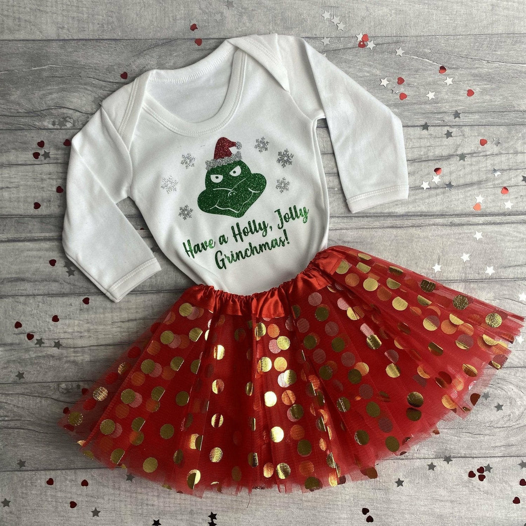 Christmas Outfit Grinch Design, Long Sleeved Romper with Tutu, Grinchmas