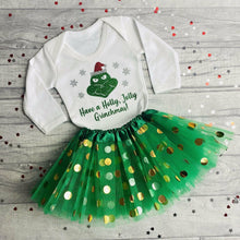 Load image into Gallery viewer, Christmas Outfit Grinch Design, Long Sleeved Romper with Tutu, Grinchmas
