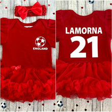 Load image into Gallery viewer, Personalised England Football Tutu Romper, red tutu featuring England football on the front and Name and number on the back both in white, Including a matching red headband. 

