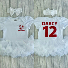 Load image into Gallery viewer, England, The Three Lions, Football Personalised Tutu Romper, featuring red football England on the front with Name and Number on the back, Including Matching white headband.
