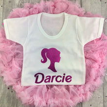 Load image into Gallery viewer, Personalised Barbie Themed Outfit Set, White T-Shirt &amp; Boutique Tutu Skirt - Little Secrets Clothing

