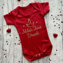Load image into Gallery viewer, Personalised First Diwali Baby Short Sleeve Romper, 1st Hindu Diwali, Celebration Romper With Traditional Diya
