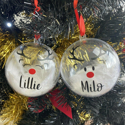 Personalised Reindeer Design Christmas Bauble with Rudolph Nose, Hand-Made & Feather Filled