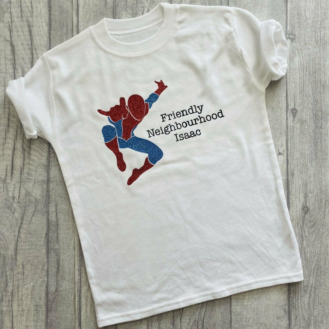 Personalised Spider Man T-Shirt Friendly Neighbourhood Superhero Boy's White Top