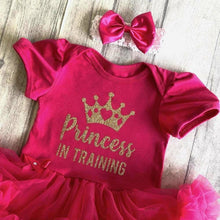 Load image into Gallery viewer, &#39;Princess In Training&#39; Baby Girl Tutu Romper With Matching Bow Headband
