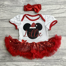Load image into Gallery viewer, Personalised Minnie Mouse Christmas Sequin Tutu Romper with Matching Bow Headband, Disney
