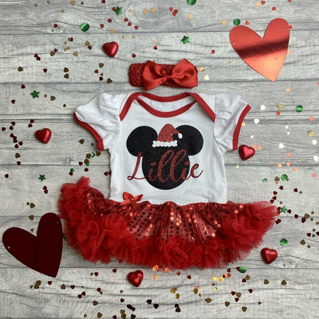 Personalised Minnie Mouse Christmas Sequin Tutu Romper with Matching Bow Headband, Disney
