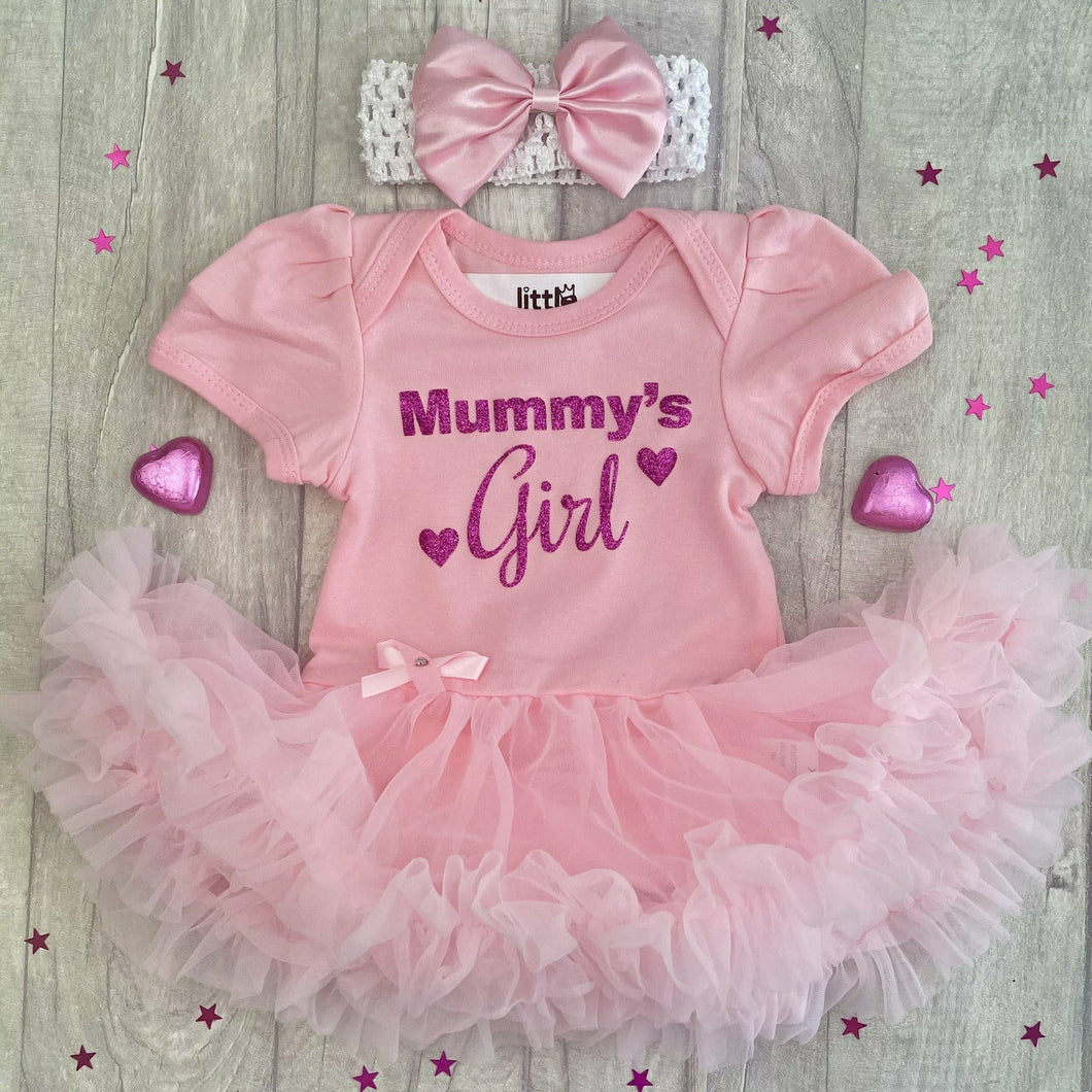 Mummy's Girl Baby Girl Tutu Romper With Matching Bow Headband, Dark Pink Glitter Design