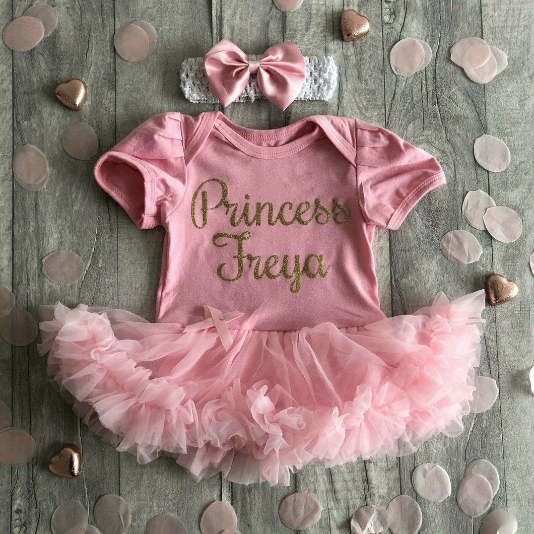 'Princess' Personalised Baby Girl Tutu Romper With Matching Bow Headband