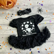 Load image into Gallery viewer, Personalised Funny Bones First Halloween Tutu Romper, Baby Girls Skeleton Outfit
