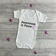 Load image into Gallery viewer, &#39;Awareness Is Power&#39; Short Sleeved White Romper, Breast Cancer Awareness
