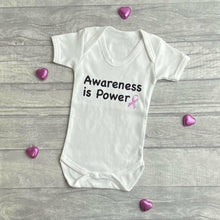 Load image into Gallery viewer, &#39;Awareness Is Power&#39; Short Sleeved White Romper, Breast Cancer Awareness
