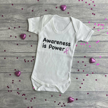 Load image into Gallery viewer, &#39;Awareness Is Power&#39; Short Sleeved White Romper, Breast Cancer Awareness
