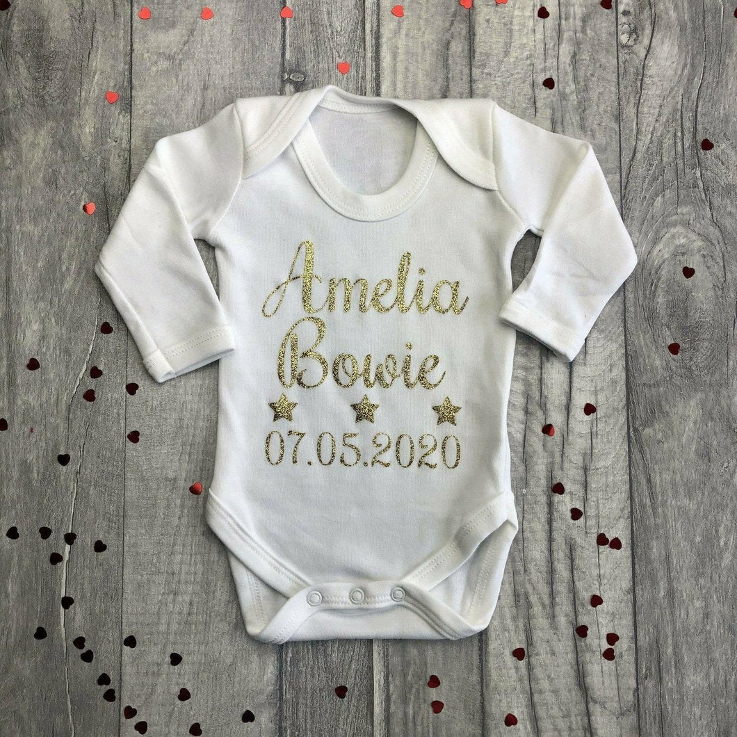 Personalised Baby Name and Date of Birthday White Long Sleeve Romper