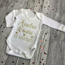 Load image into Gallery viewer, Personalised Baby Name and Date of Birthday White Long Sleeve Romper
