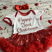 Load image into Gallery viewer, &#39;First Christmas&#39; Personalised Baby Girl Sequin Tutu Romper With Matching Bow Headband
