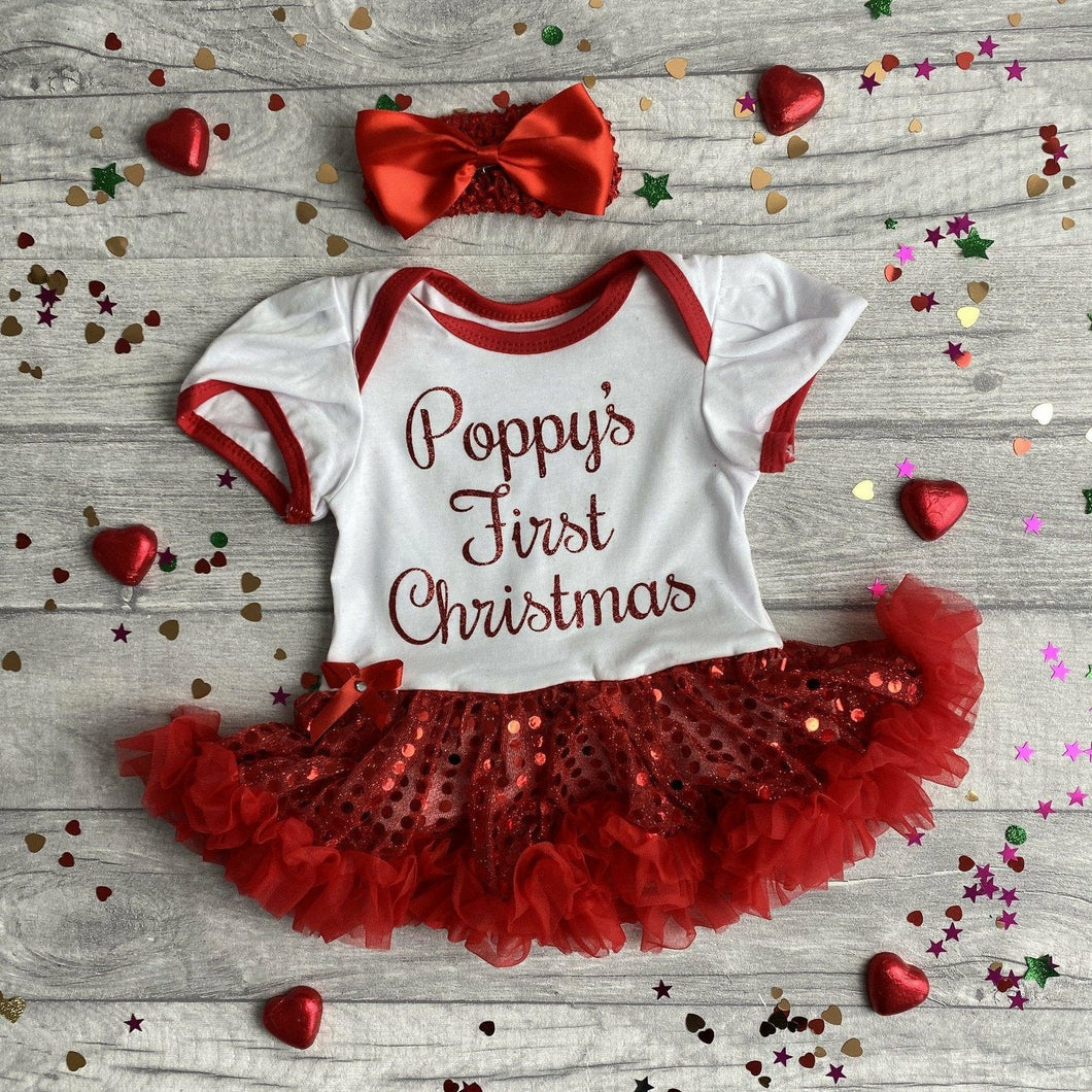 'First Christmas' Personalised Baby Girl Sequin Tutu Romper With Matching Bow Headband