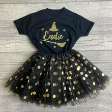Load image into Gallery viewer, Personalised Witch T-shirt with Matching Black &amp; Gold Tutu 1-6 years, Halloween
