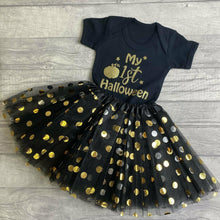 Load image into Gallery viewer, My 1st Halloween Baby Girl Outfit, Pumpkin Romper with Polka Dot Tutu

