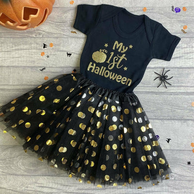 My 1st Halloween Baby Girl Outfit, Pumpkin Romper with Polka Dot Tutu