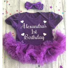 Load image into Gallery viewer, Personalised 1st birthday tutu romper in a range of colours with white glitter writing
