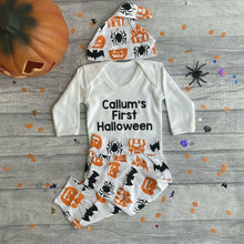 Load image into Gallery viewer, Personalised First Halloween Romper Set Complete With Halloween Print Pants and Hat
