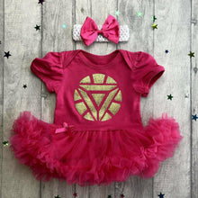 Load image into Gallery viewer, Iron Man Superhero Baby Girl Dark Pink Tutu Romper With Matching Bow Headband
