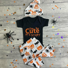 Load image into Gallery viewer, Baby Boy Halloween Outfit, I&#39;m So Cute It&#39;s Scary Romper, Pumpkin Print Pants and Hat
