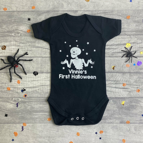 Personalised First Halloween Skeleton Romper, Baby Boy Funny Bones Outfit