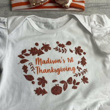 Load image into Gallery viewer, Personalised First Thanksgiving Tutu Romper with a Matching Glitter Bow Headband
