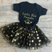 Load image into Gallery viewer, Sweeter Than Pumpkin Pie Black Romper with Matching Polka Dot Tutu Skirt
